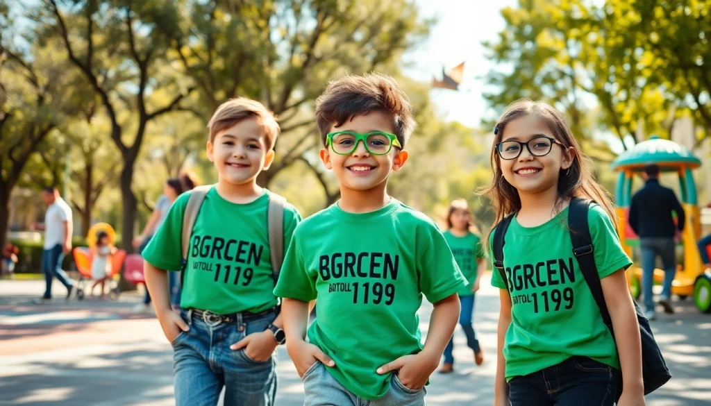 Children wearing trendy green t-shirts labeled BOTOL169 in a vibrant park.