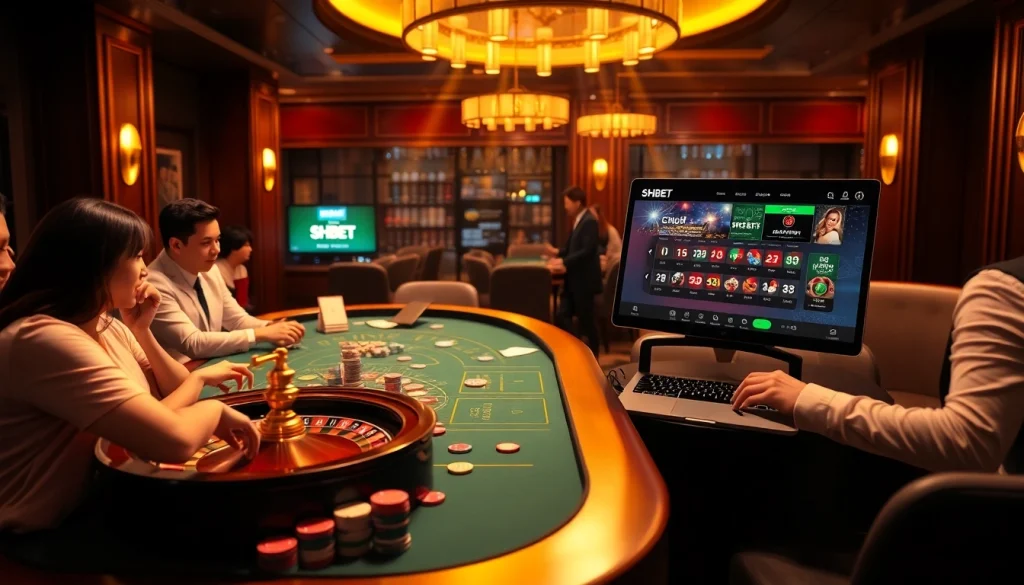 Experience the thrill of finding out about SHBET with a dynamic casino scene showcasing gaming tables and players.