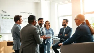 Engaging session with a business coach near me, highlighting a diverse team discussing strategies.