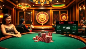 MM88 players engaged in high-stakes poker with vibrant chips and live betting screens.