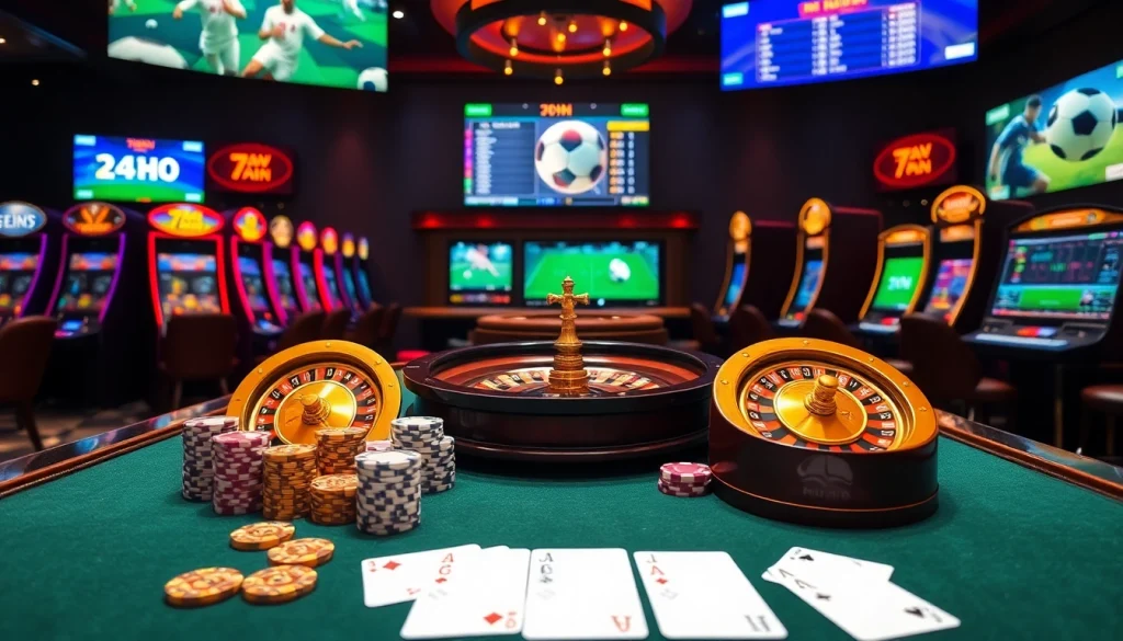 Experience the excitement of 7mvn with high-stakes poker chips and live betting odds in a luxurious casino scene.