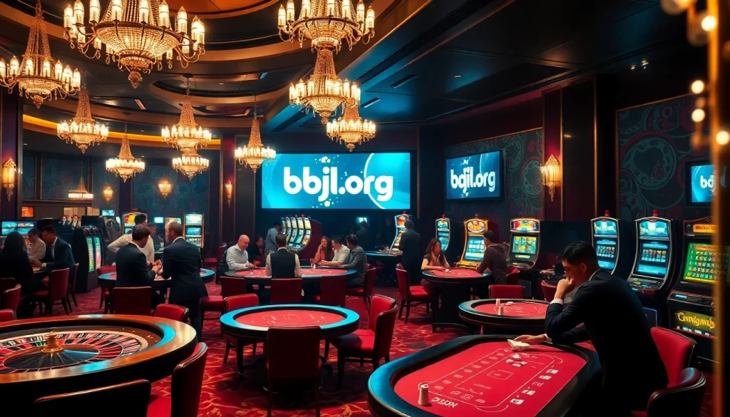 Players engaging in excitement at bdjl.org luxury casino, featuring poker tables and a roulette wheel.