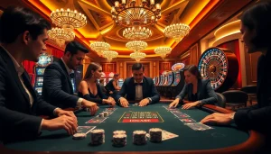Poker players strategizing their bets and chips at https://thabet.vegas/ casino table in a luxurious setting.