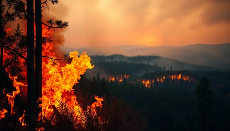 Illustration of wildfire events showcasing flames and smoke engulfing a forest landscape.
