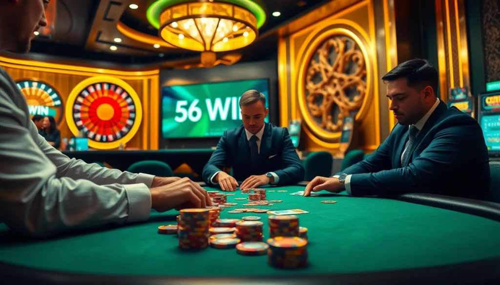 Experience high-stakes action at the poker table featuring 56 WIN branding, showcasing excitement in a luxurious casino.