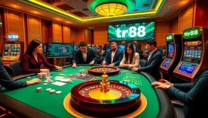 tr88 online gamblers engaging at a premium casino table, surrounded by gaming elements.