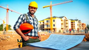 A construction worker engaging with tools showcases exciting careers in construction at a lively residential site.