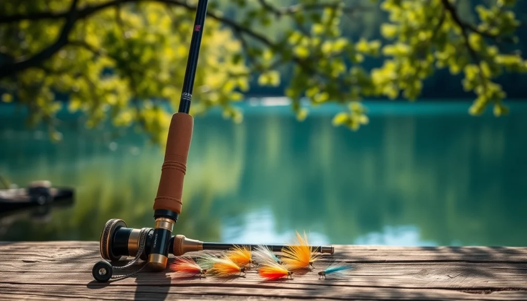 Showcase a fly fishing kit featuring vibrant flies and a sleek rod on a serene lakeside table.