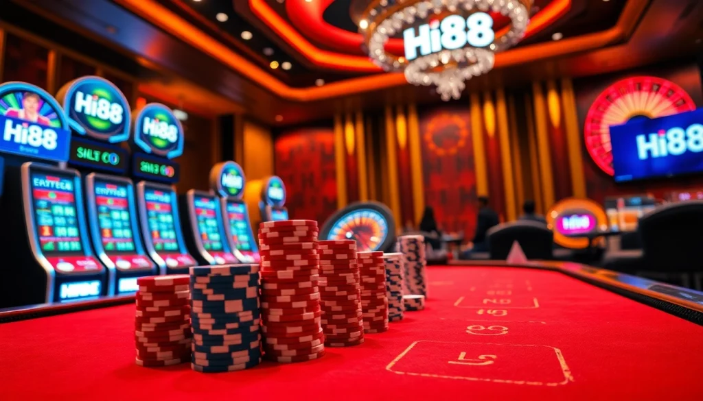 Players experiencing exciting poker at Hi88's luxurious casino table with vibrant chips and slots.