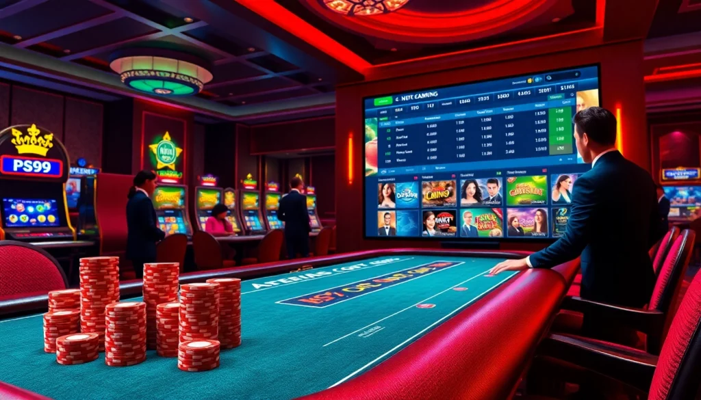 Experience the thrill at nhà cái PS99 with an exciting casino table featuring poker chips and vibrant slot machines.