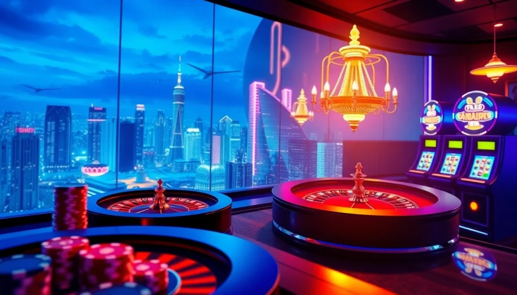 Experience mmoo giải trí online with vibrant casino visuals, showcasing poker and roulette in a luxurious setting.