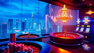 Experience mmoo giải trí online with vibrant casino visuals, showcasing poker and roulette in a luxurious setting.