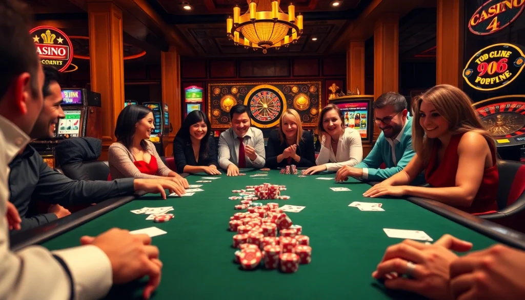 Players enjoying a poker game at a luxurious table from https://99ok.co.im/ with vibrant colors and exciting casino elements.