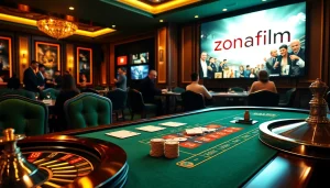 Zonafilm-inspired vibrant casino scene with poker table and roulette wheel.