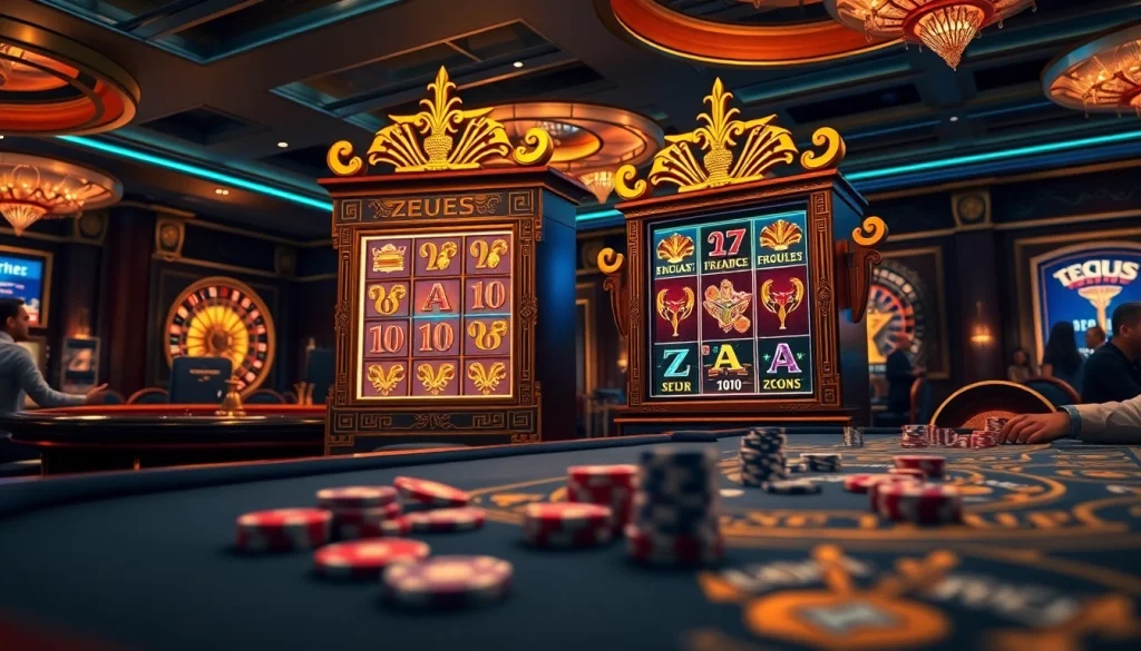 Spin the slot zeus machine surrounded by poker chips and anticipation in a vibrant casino setting.