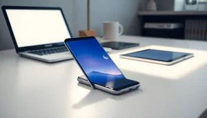 Samsung Galaxy S8 smartphone showcasing its sleek design and edge-to-edge display in a modern workspace.