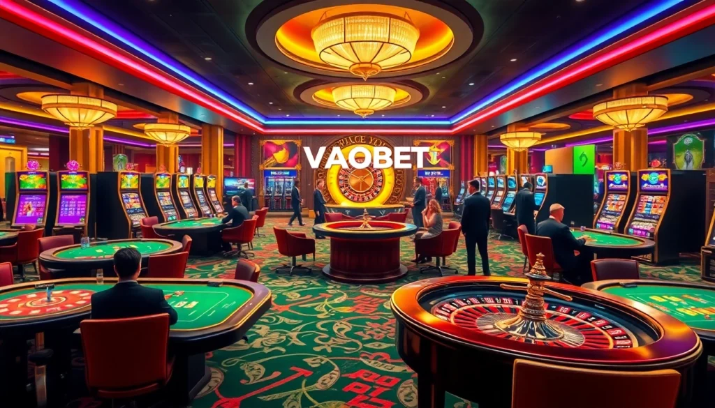 Players enjoying exciting games at VAOBET's luxurious casino with vibrant slots, poker, and roulette.