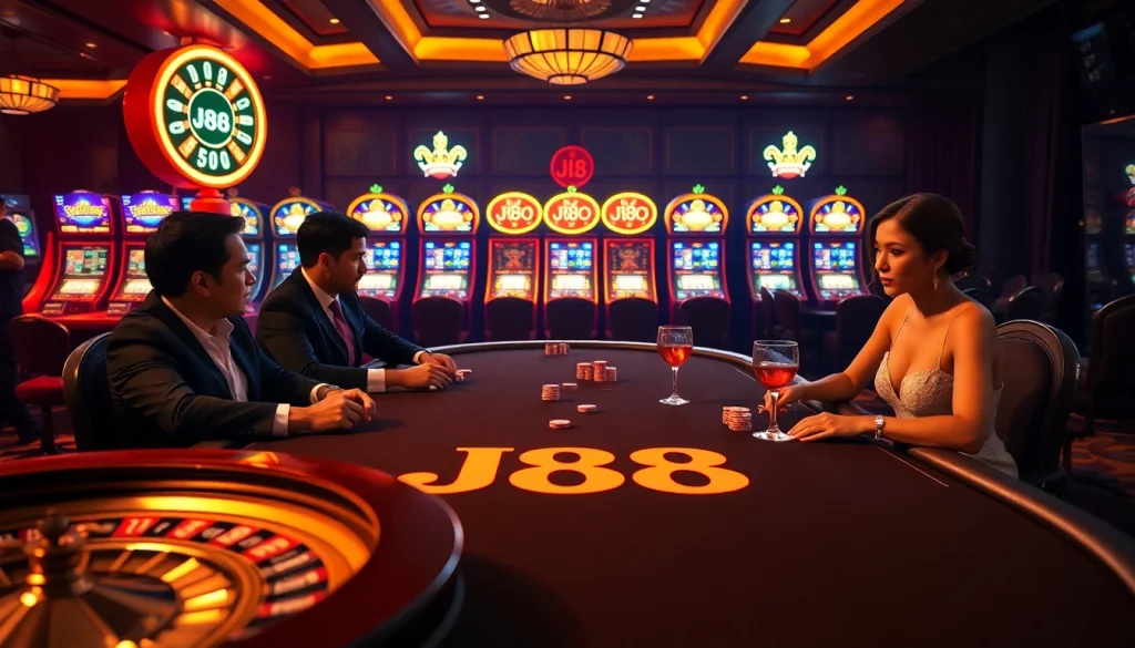 Players enjoying a J88-themed poker game in an upscale casino environment.