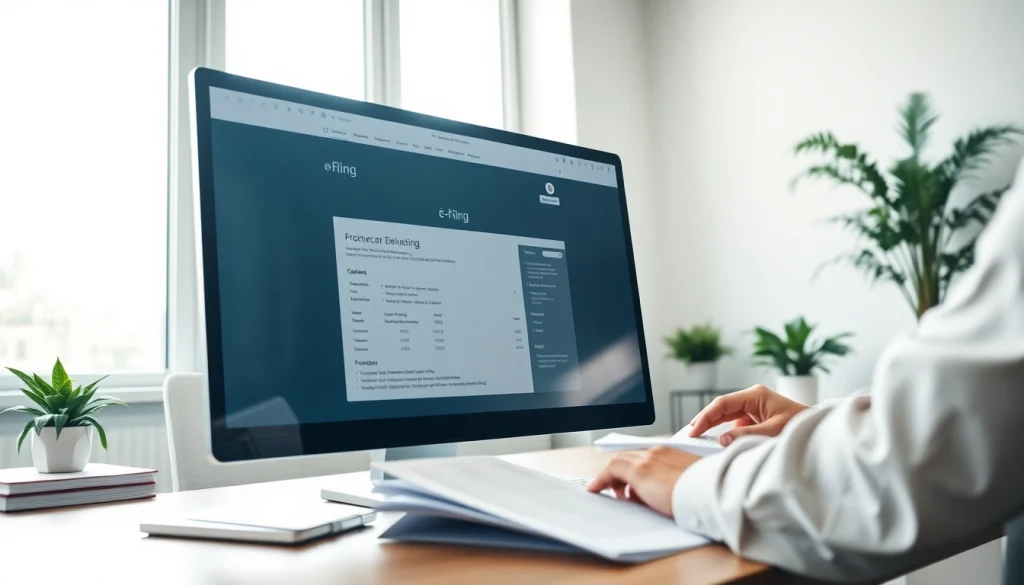E-filing interface on a computer screen with a user navigating tax documents.