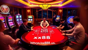 Exciting baccarat game at https://xx88.us/ with vibrant tables and eager players.