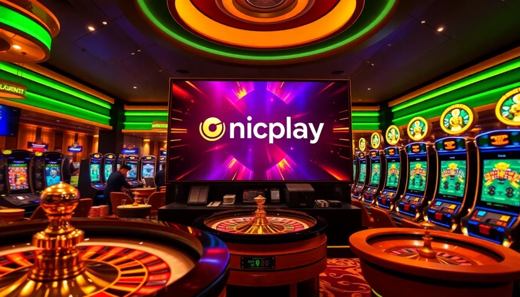 Engage with the vibrant onicplay interface amidst poker chips and a roulette wheel, embodying luxury.