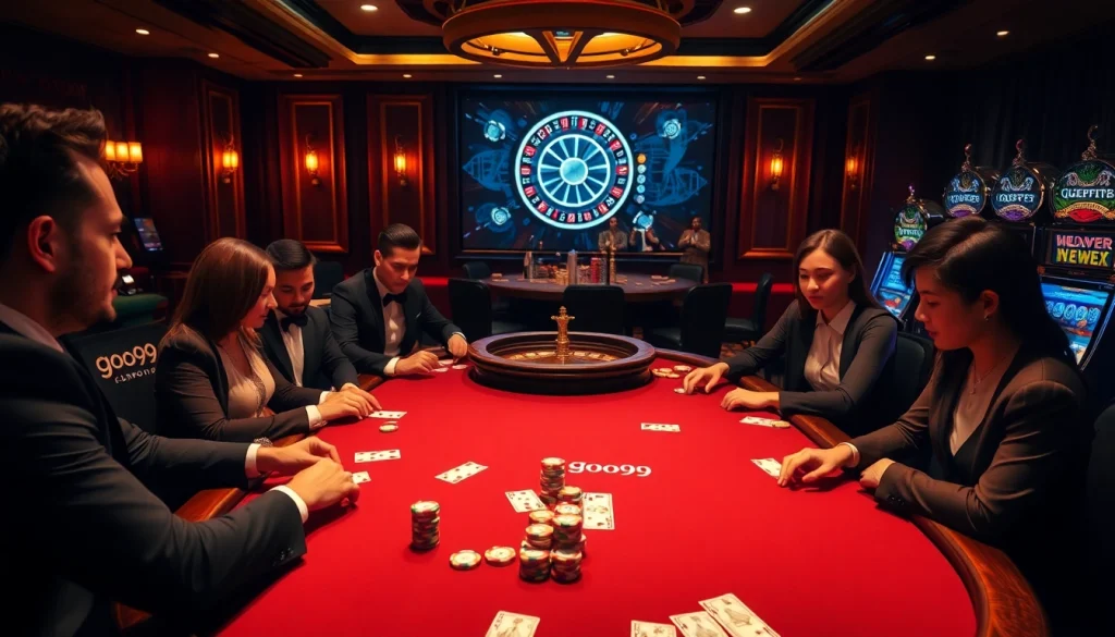 Players enjoying a thrilling poker game with goo99 chips at a luxury casino table.