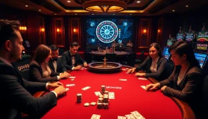 Players enjoying a thrilling poker game with goo99 chips at a luxury casino table.