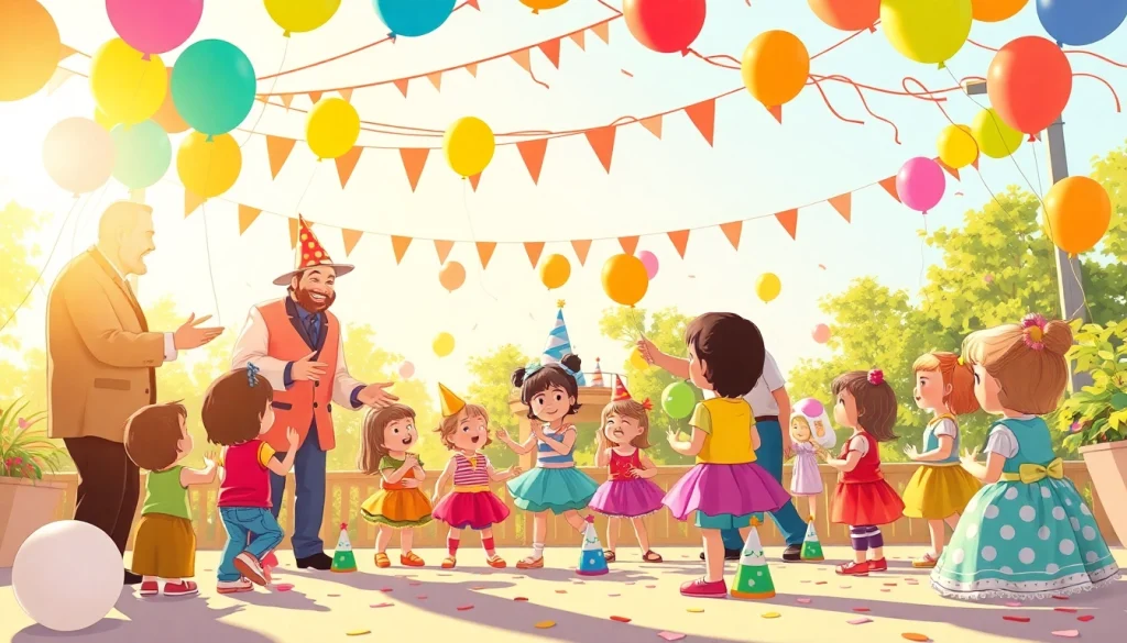 Birthday party entertainers performing magic tricks and engaging children at a festive outdoor event.