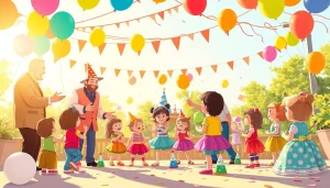 Birthday party entertainers performing magic tricks and engaging children at a festive outdoor event.