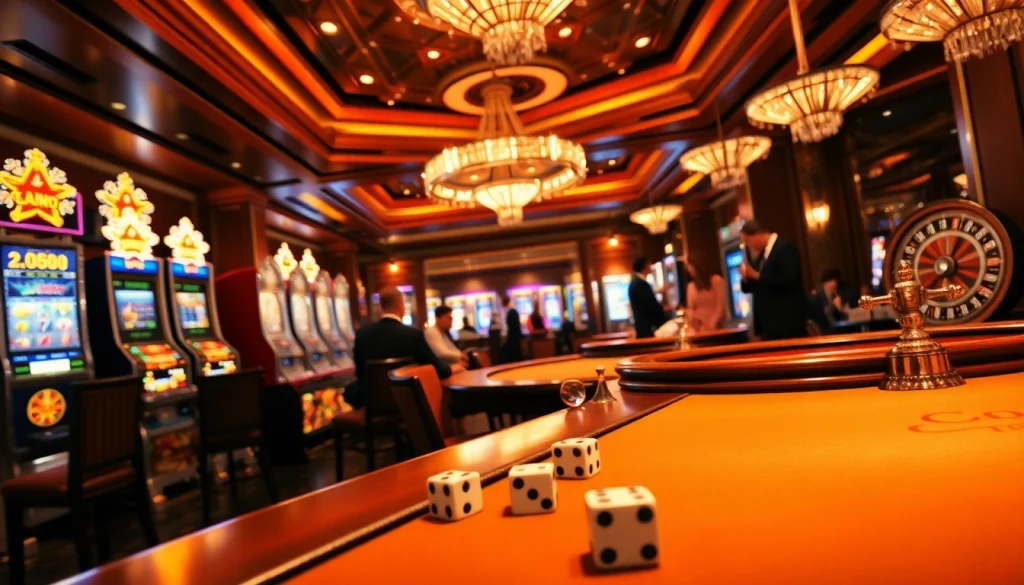 Engaging casino gameplay featuring co88 with poker chips, a roulette wheel, and slot machines, highlighting excitement.