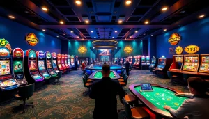 77EE online gaming platform with vibrant casino atmosphere, showcasing diverse gaming options and professional dealers.