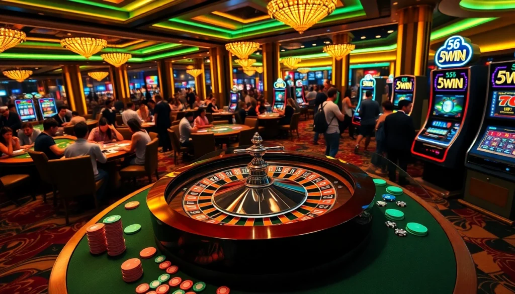 Experience the excitement of 56 WIN at a vibrant casino gaming floor filled with roulette and poker.
