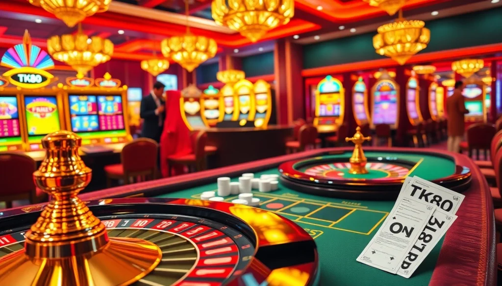 TK88 gaming experience featuring high-stakes poker table, roulette wheel, and vibrant casino atmosphere.