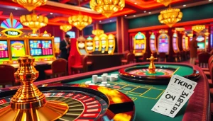TK88 gaming experience featuring high-stakes poker table, roulette wheel, and vibrant casino atmosphere.