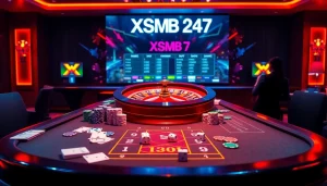 XSMB 247 players engaging in lively casino games with vibrant poker chips and roulette wheel.