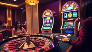 Engaging gamblers at a luxurious j88 slot machine in an upscale casino environment.