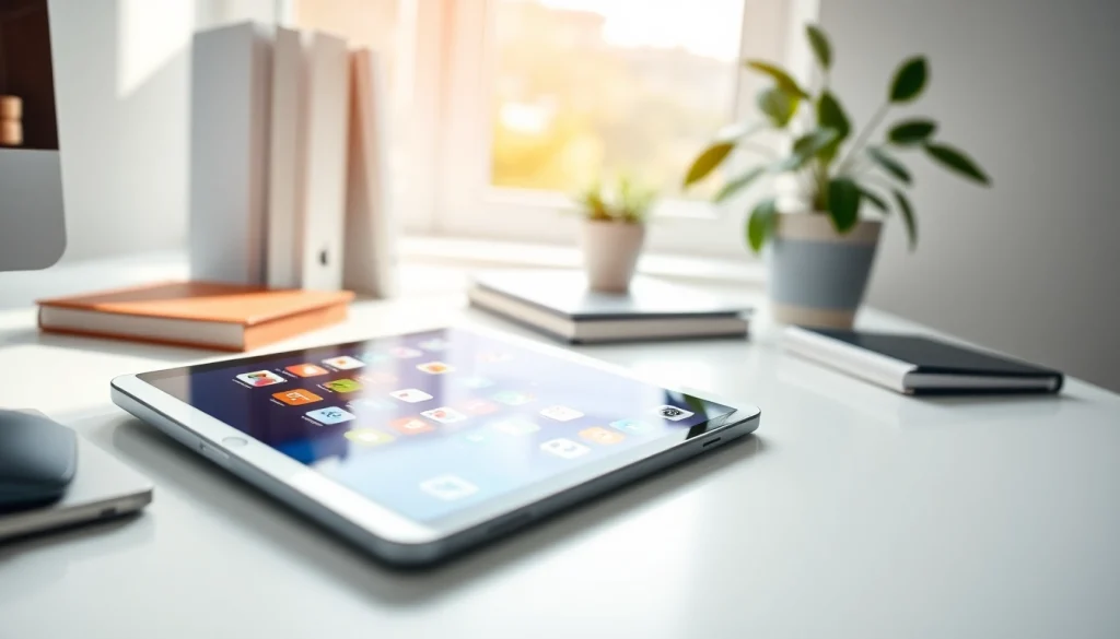 Interactúa con el iPad Mini 6 en un entorno de oficina moderno y minimalista.