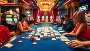 Pemain merasakan Mahjong Ways 2 di meja kasino mewah yang dipenuhi ubin dan chip berwarna-warni.