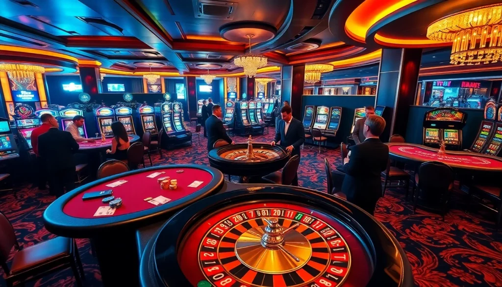 Gk88 casino scene with lively gaming tables and players enjoying their bets.