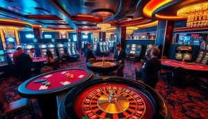 Gk88 casino scene with lively gaming tables and players enjoying their bets.