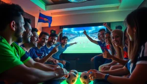 جماهير متحمسة تستمتع بكورة لايف معًا في غرفة معيشة نابضة بالحياة، مندمجين تمامًا في المباراة الكروية المباشرة.