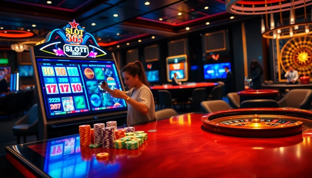 Experience the thrilling atmosphere at Slot 365 with vibrant slot machines and casino tables.