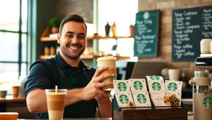 스타벅스 모바일쿠폰이 주변에 놓인 아늑한 카페에서 바리스타가 음료를 준비하는 모습