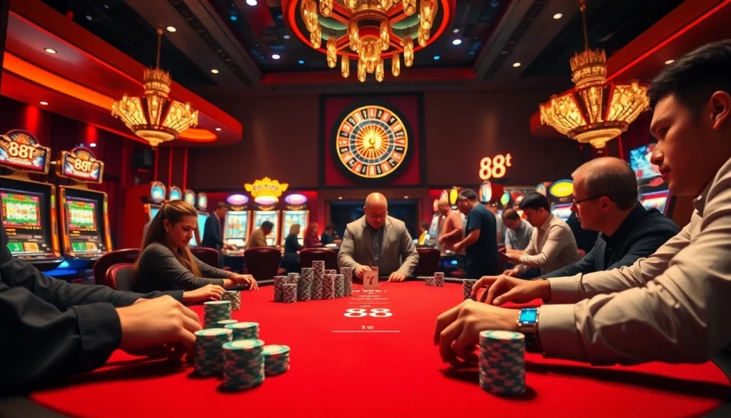 Players engage intensely at the poker table in a luxurious casino, embodying the thrill of 88t betting.