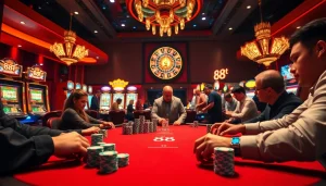 Players engage intensely at the poker table in a luxurious casino, embodying the thrill of 88t betting.