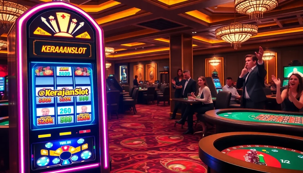 Players enjoy thrilling moments at Kerajaanslot's vibrant casino, celebrating wins with colorful poker chips.