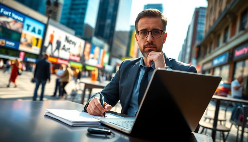 Journalist analyzing news details at https://www.thedailynewsonline.com in a vibrant urban setting.