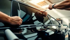 Apply auto window tint near me with expert hands on a stylish vehicle in a modern garage.
