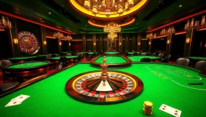 Pahala4d gaming atmosphere with roulette wheel and poker tables shining high-stakes excitement.