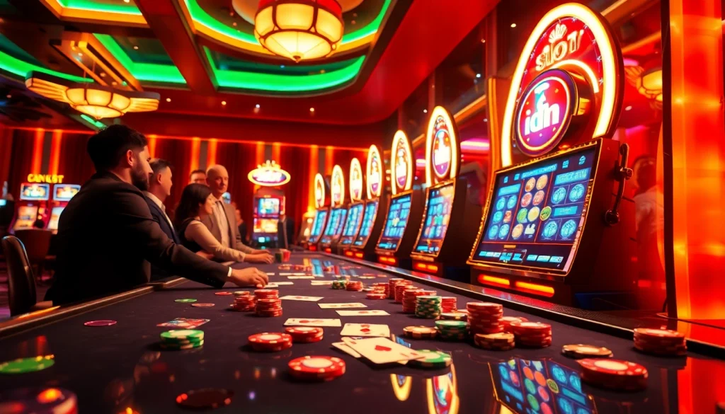 Experience the excitement of idn slot gaming with vibrant machines and joyful players in a luxury casino.